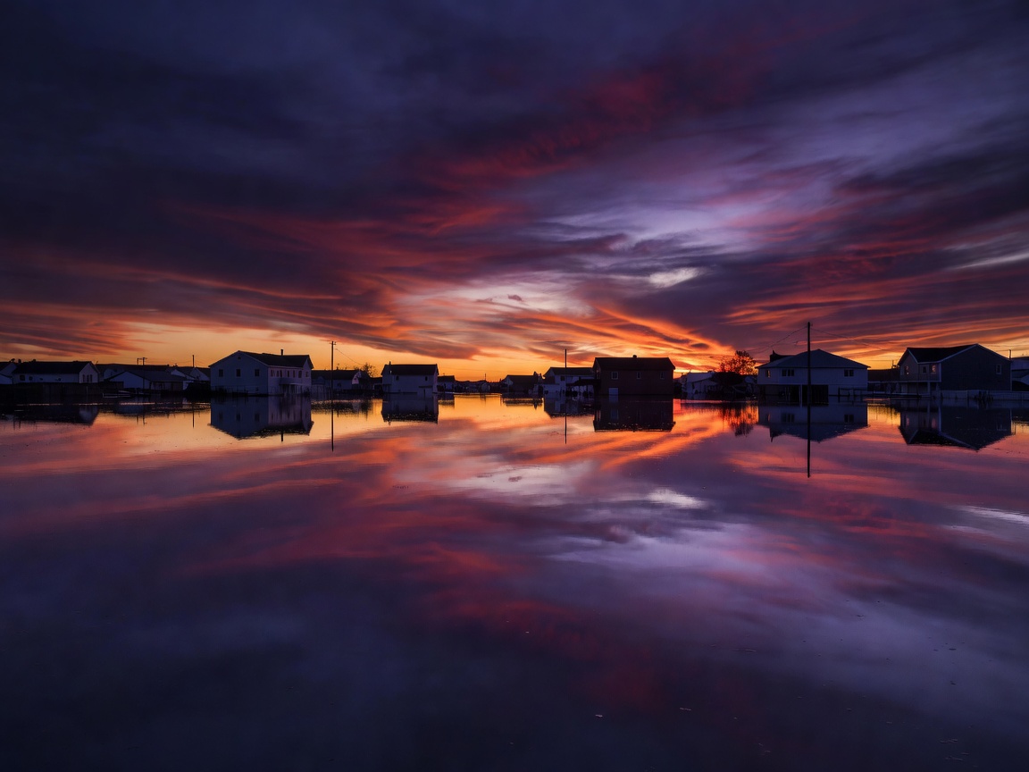 A coastline at dusk with flooded streets reflecting a violet sky, cover art for Meridian Drift