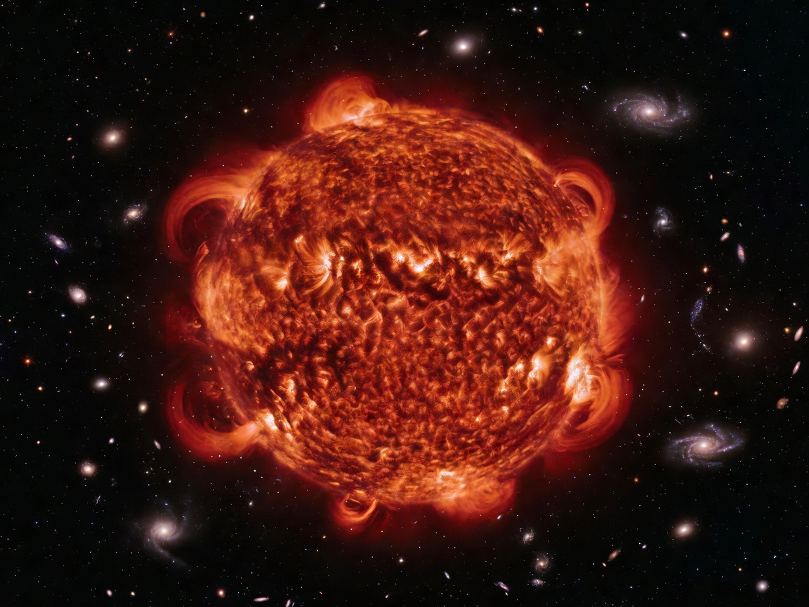 A red giant star swelling against a black field of distant galaxies, cover art for The Archive of Unfinished Suns