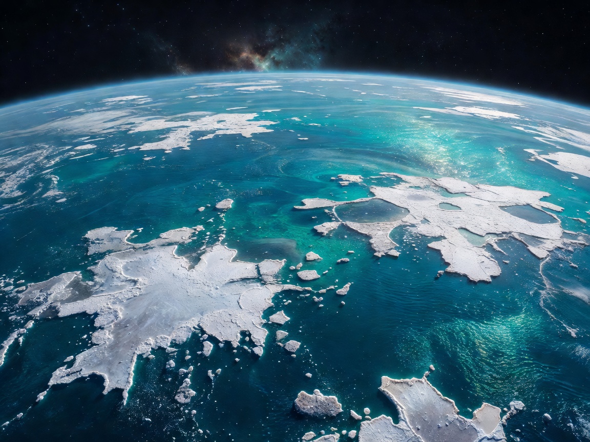 A turquoise ocean planet with drifting white salt flats seen from orbit, cover art for The Salt Cartographers