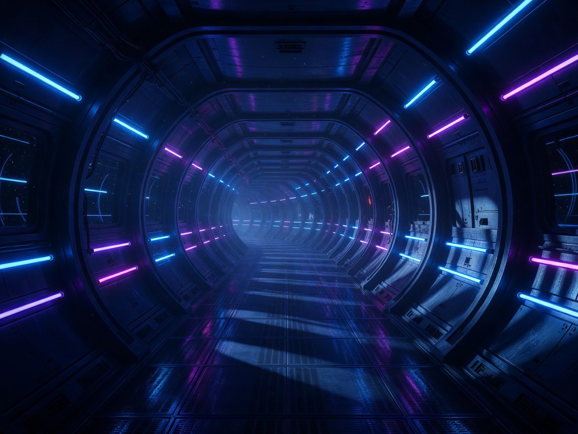 Neon-lit corridor of a rotating space station bathed in blue shadow, cover art for Lagrange Point Blues