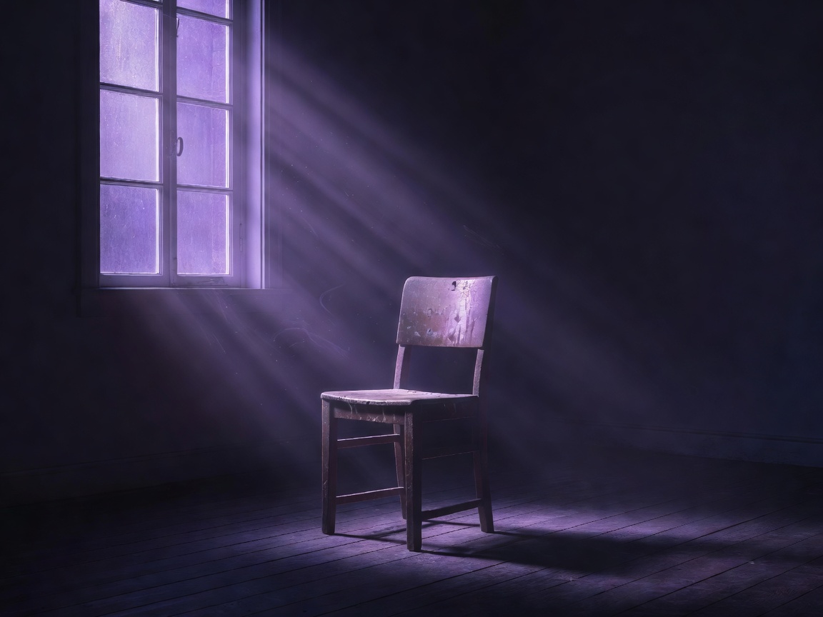 Soft violet light falling through a window onto an empty chair, cover art for Quiet Machines Dream